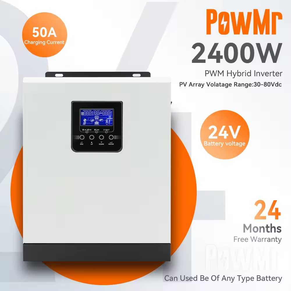 PowMr 3KW PWM Hybrid อินเวอร์เตอร์220V 50A Pure Sine Wave Inverter MAX 80V PV Input HPS-3K-24V