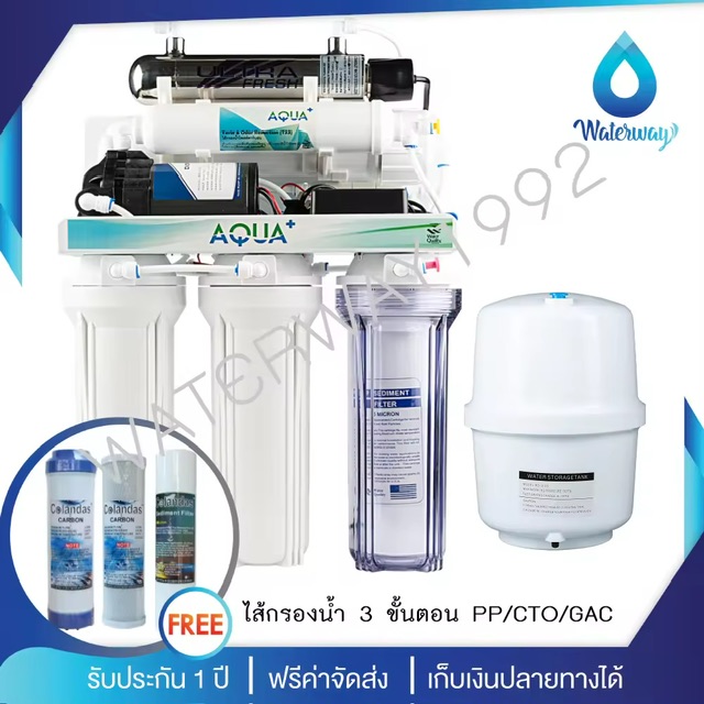AQUA+ เครื่องกรองน้ำดื่ม ระบบ Reverse Osmosis (RO) + Ultraviolet (UV) 6 ขั้นตอน ครบชุด คุณภาพดีที่สุด รับประกัน 1 ปี แถมไส้กรอง 3 ชิ้น PP/CTO/GAC จัดส่งฟรี