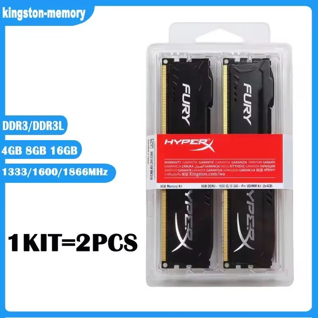 ชุดใหม่4GB 8GB 16GB DDR3 RAM 1333MHz 1600MHz 1866Mhz หน่วยความจำเดสก์ท็อป DDR3L 1.35V 240 Pins DIMM HyperX FURY Gaming Memory-สีดำ
