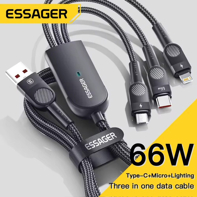 :  Essager 3 In 1 Fast Charging Cable 66W Multi Charging Cable For iPhone 13 12 Pro Max Charging With Lightning/usb C/micro Port Nylon Braided Da