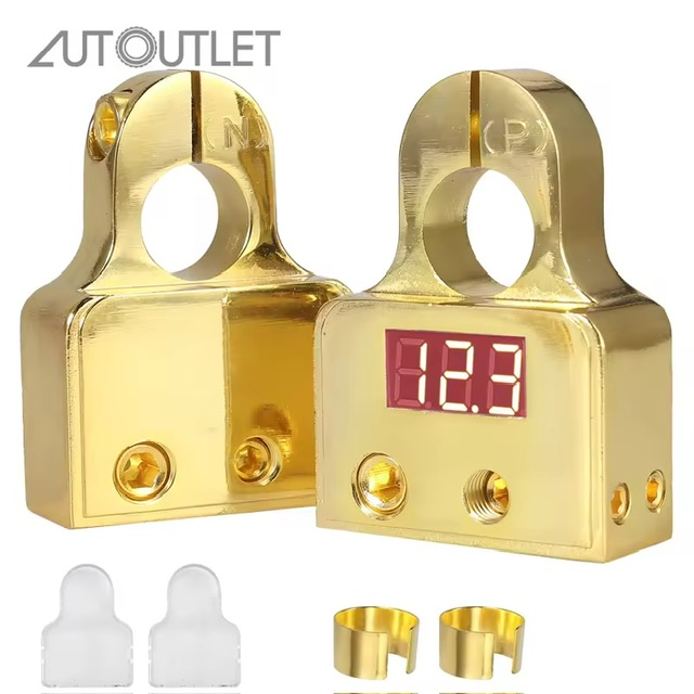 AUTOUTLET 2pcs Car Battery Terminal Connectors with Voltmeter - 0/4/8 Or 10 Gauge AWG Positive Negative Battery Post Clamp and Shims